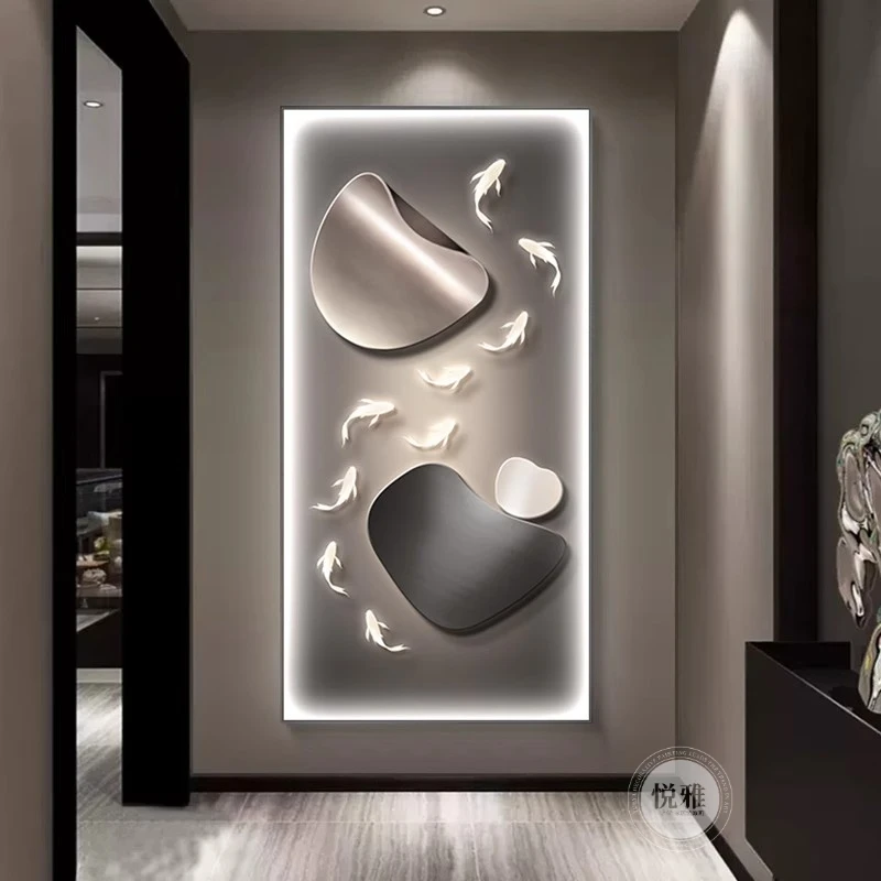 九鱼石来运转玄关装饰画走廊过道挂画简约高级感轻奢现代高档壁画