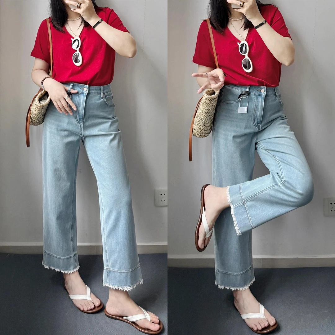 300斤大码复古蓝蕾丝花边弹力牛仔九分裤子女胖mm高腰显瘦直筒裤