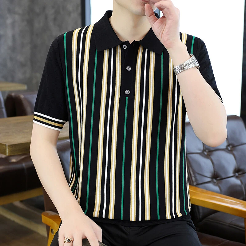 夏季新款伊力特冰丝polo衫男潮牌翻领薄款条纹针织短袖T恤