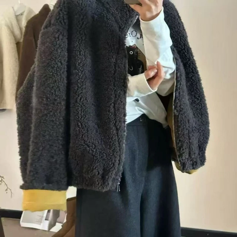 2025秋冬季新款时尚羊羔绒外套女宽松立领加绒保暖毛毛上衣