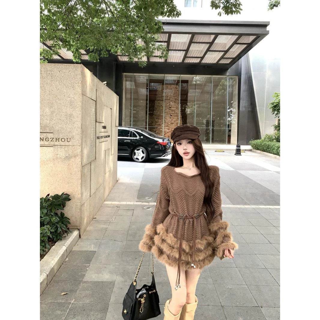 覆古毛绒拼接长袖针织连衣裙女秋季显瘦高腰毛衣裙子气质a字短裙
