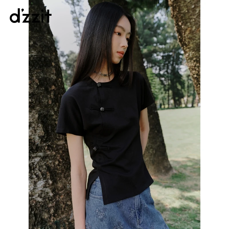 【商场同款新品】dzzit地素短袖T恤25夏新中式黑色上衣女3J2B351