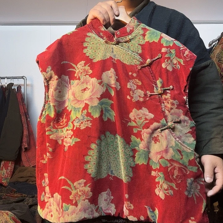 油蜡染套头棉服马甲斜盘襟