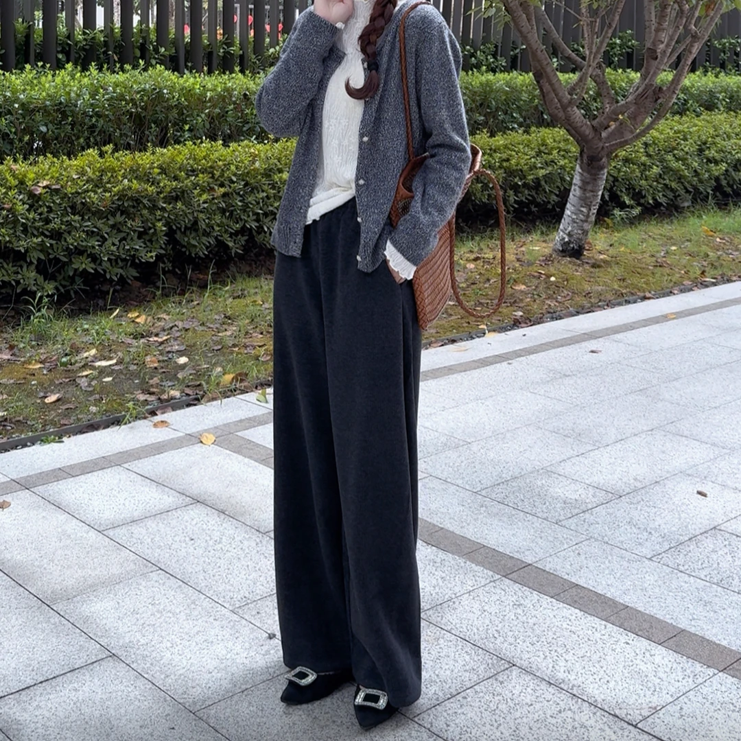岑岑-【翻边毛呢裤】冬季百搭松紧腰舒适感阔腿裤