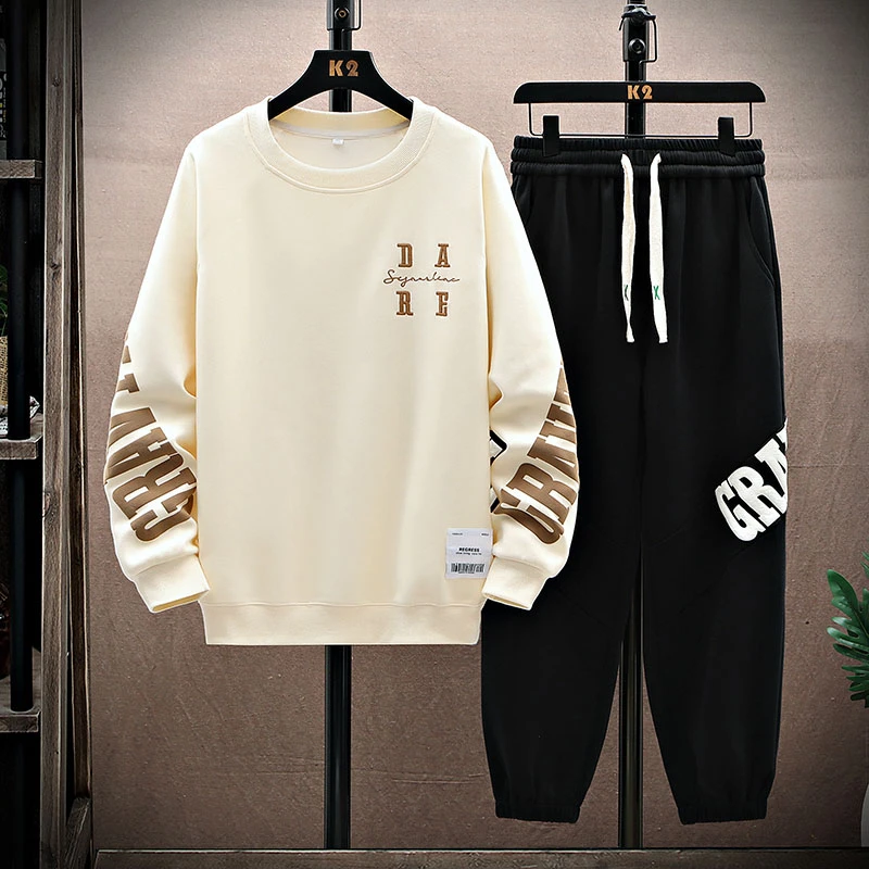 秋冬季新款青少年加绒加厚卫衣两件套男生时尚宽松休闲运动套装