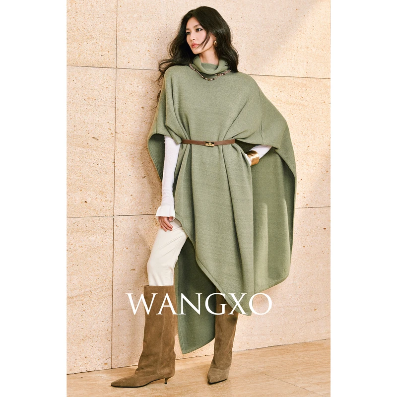 WANGXO  羊毛亮丝不规则摆斗篷2561401W
