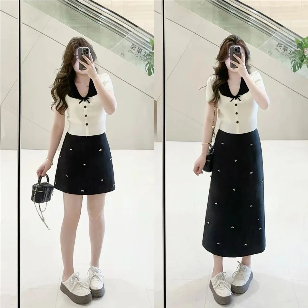 夏装搭配一整套女韩系杏色气质针织短袖t恤高腰显瘦a字半身裙套装