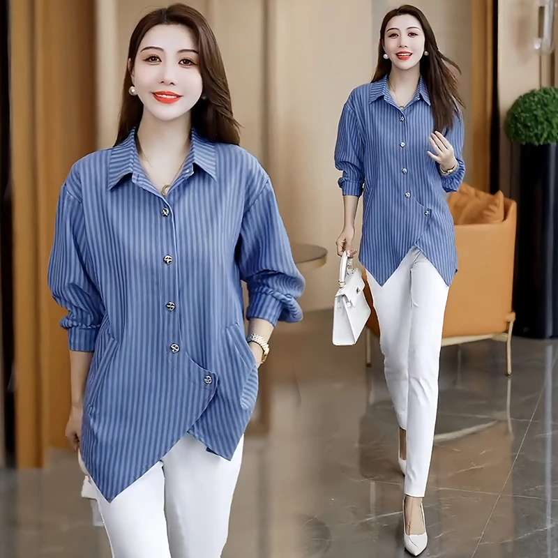 设计感长袖条纹衬衫女不规则翻领上衣春秋爆款洋气宽松中长款衬衣