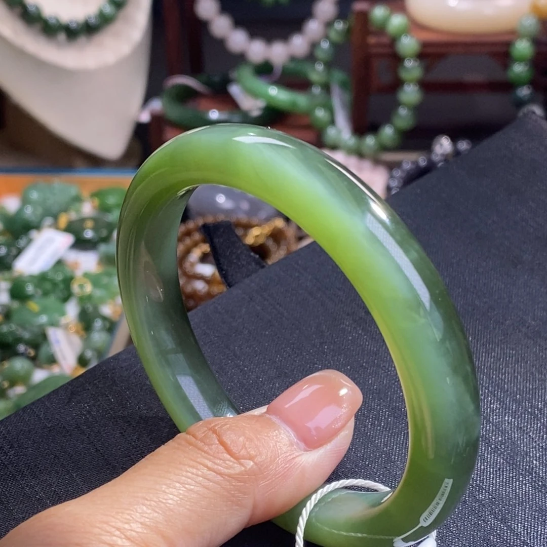 和田玉高冰老坑料碧玉猫眼一线天手镯59未镶嵌