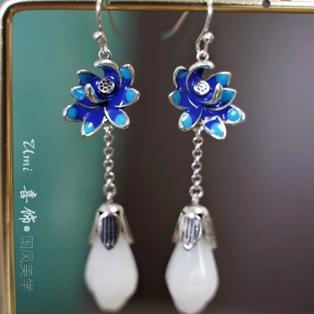 铜合金珐琅耳饰 新中式复古景泰蓝色长款莲花耳坠复古耳环民族风