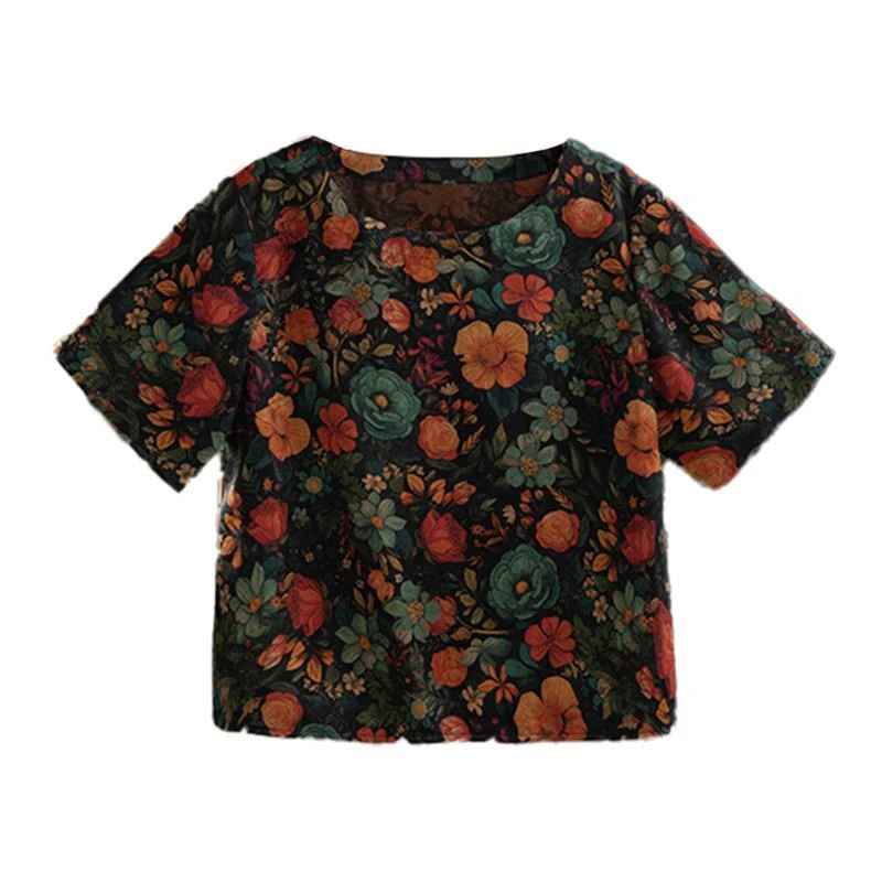 香云纱（知鸢）印花花萝国风中式短袖上衣60058