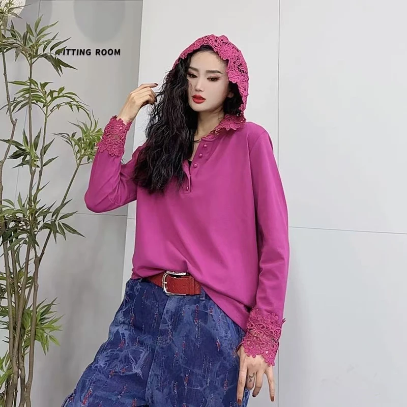 春季蕾丝连帽打底衫女士T恤2025新款纯色小众显瘦长袖上衣-25005