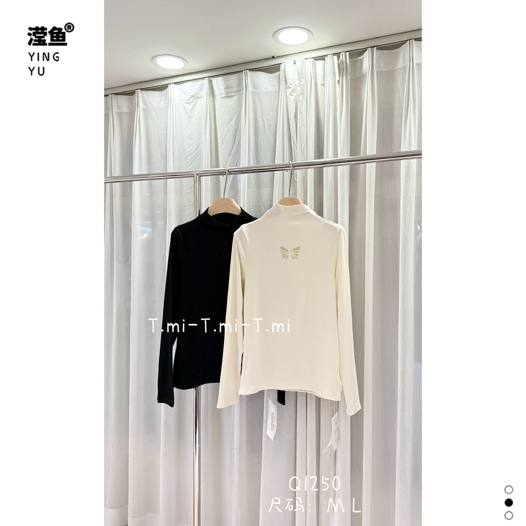 Tmi Q1250大码秋季简约镂空打底衫半高领极简风长袖半高领T恤上衣