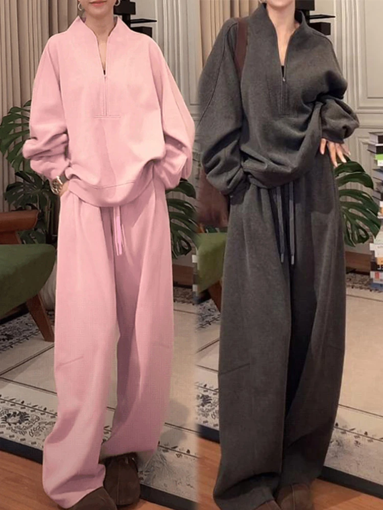 韩版时尚设计感套装女2025秋季显瘦露肩宽松长袖纯色阔腿裤两件套