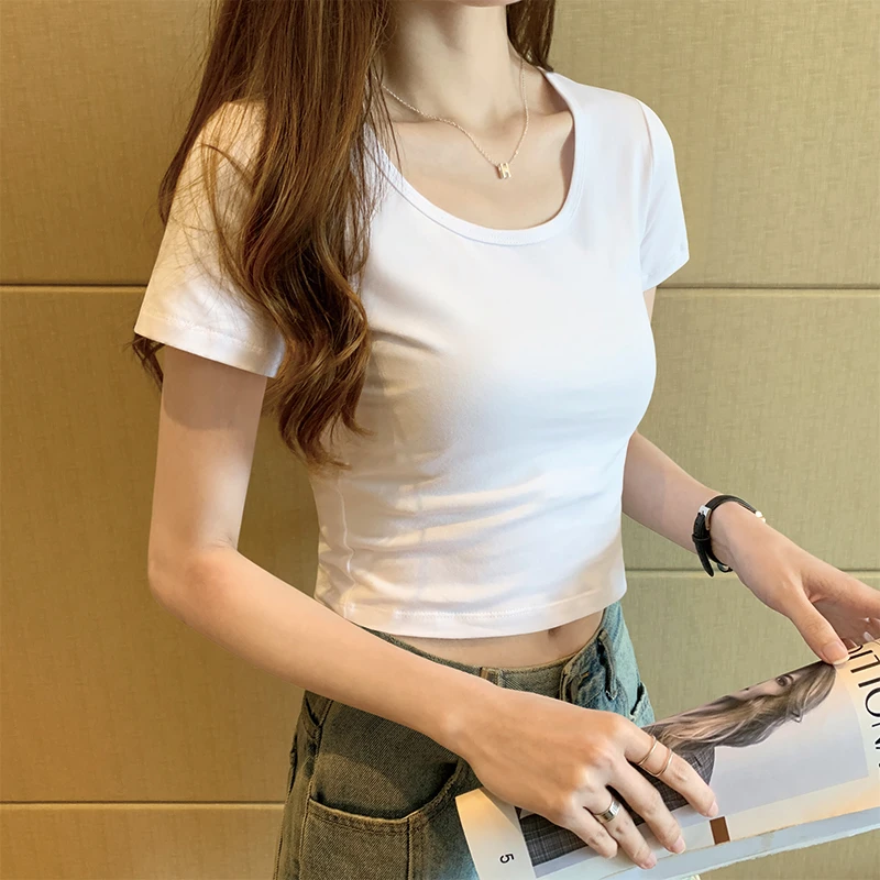 短袖白色t恤女短款棉圆领高腰露脐韩版修身2025夏季新款上衣百搭