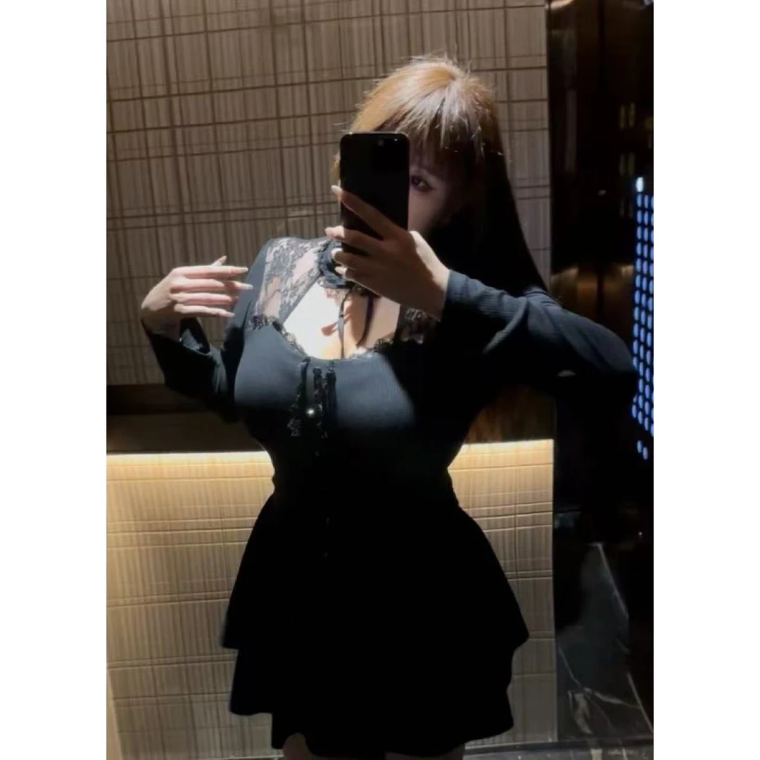 胖鑫家大码纯欲性感御姐风蕾丝拼接设计感长袖上衣3192