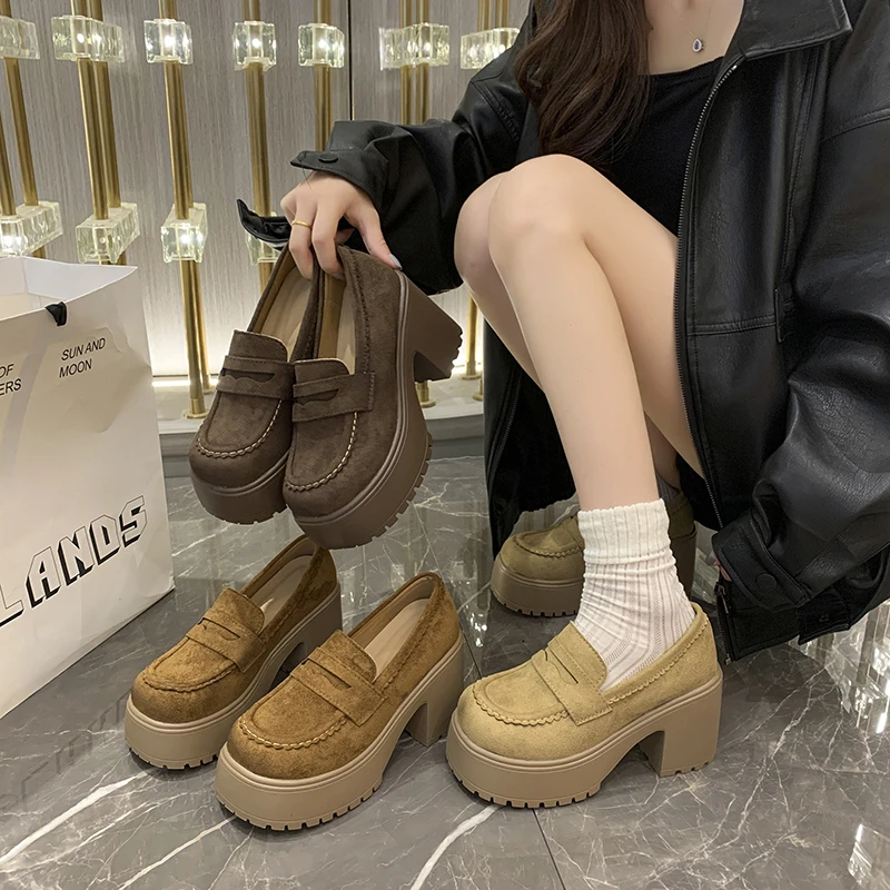 复古英伦风粗高跟圆头小皮鞋女2025秋冬新款日系百搭一脚蹬乐福鞋