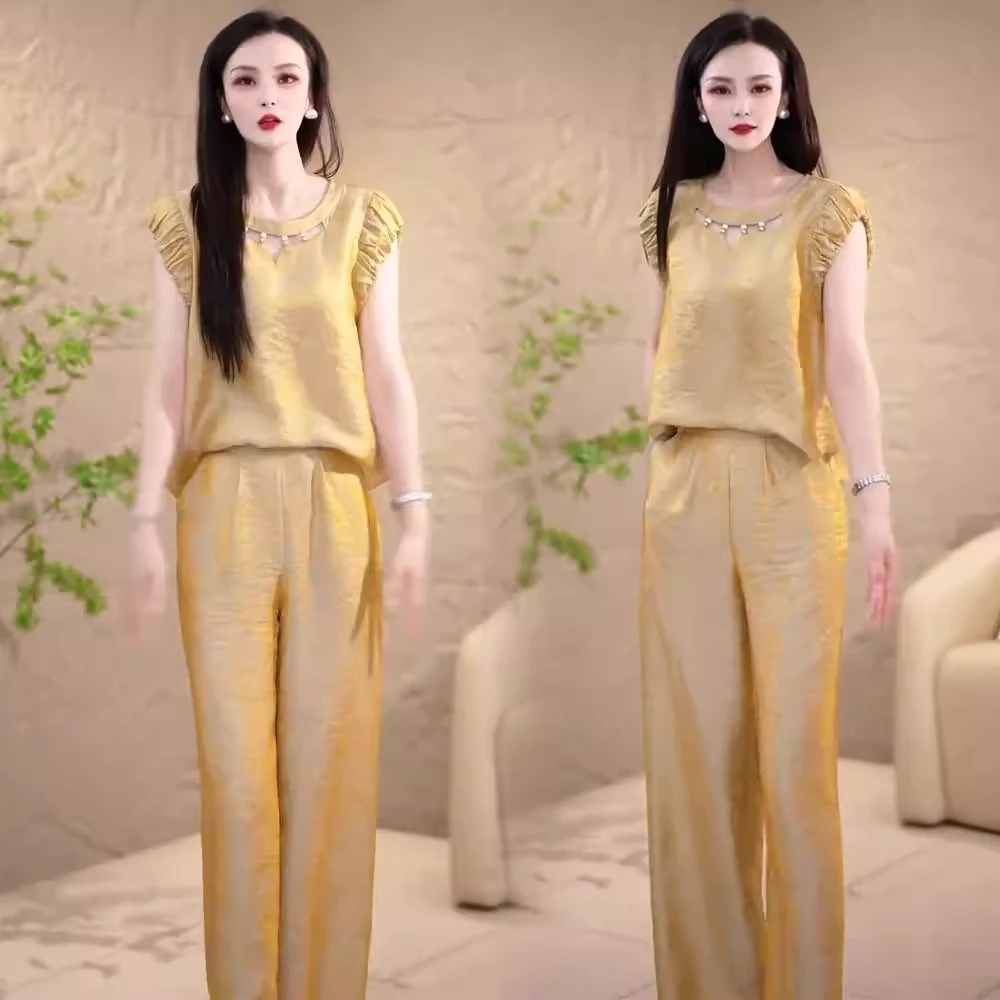 时尚套装女2025夏季新款洋气减龄显瘦镂空花苞袖上衣阔腿裤两件套