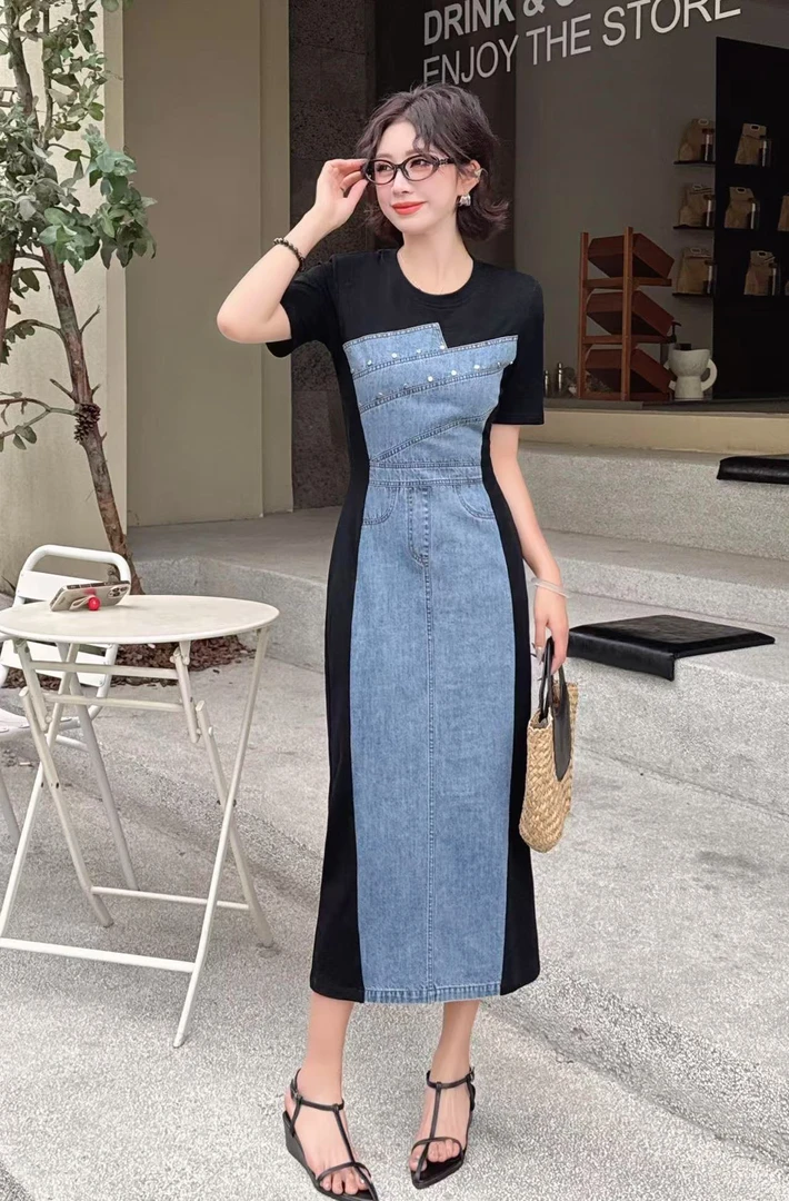 兰兰家女人味牛仔拼接连衣裙显瘦气质设计感开叉裙子夏季新款