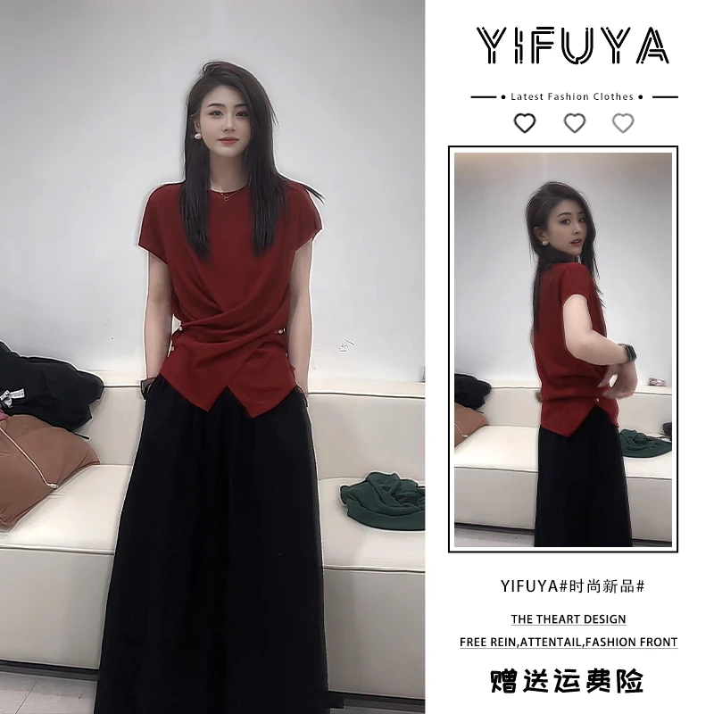 夏季女士高级感交叉系扣显瘦不规则收腰针织短袖黑色阔腿裤裙套装