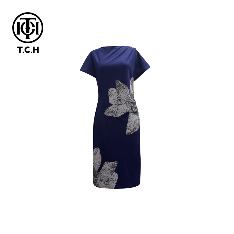 TCH-时尚潮牌花卉烫钻轻奢连衣裙女蓝色T75B30E1192