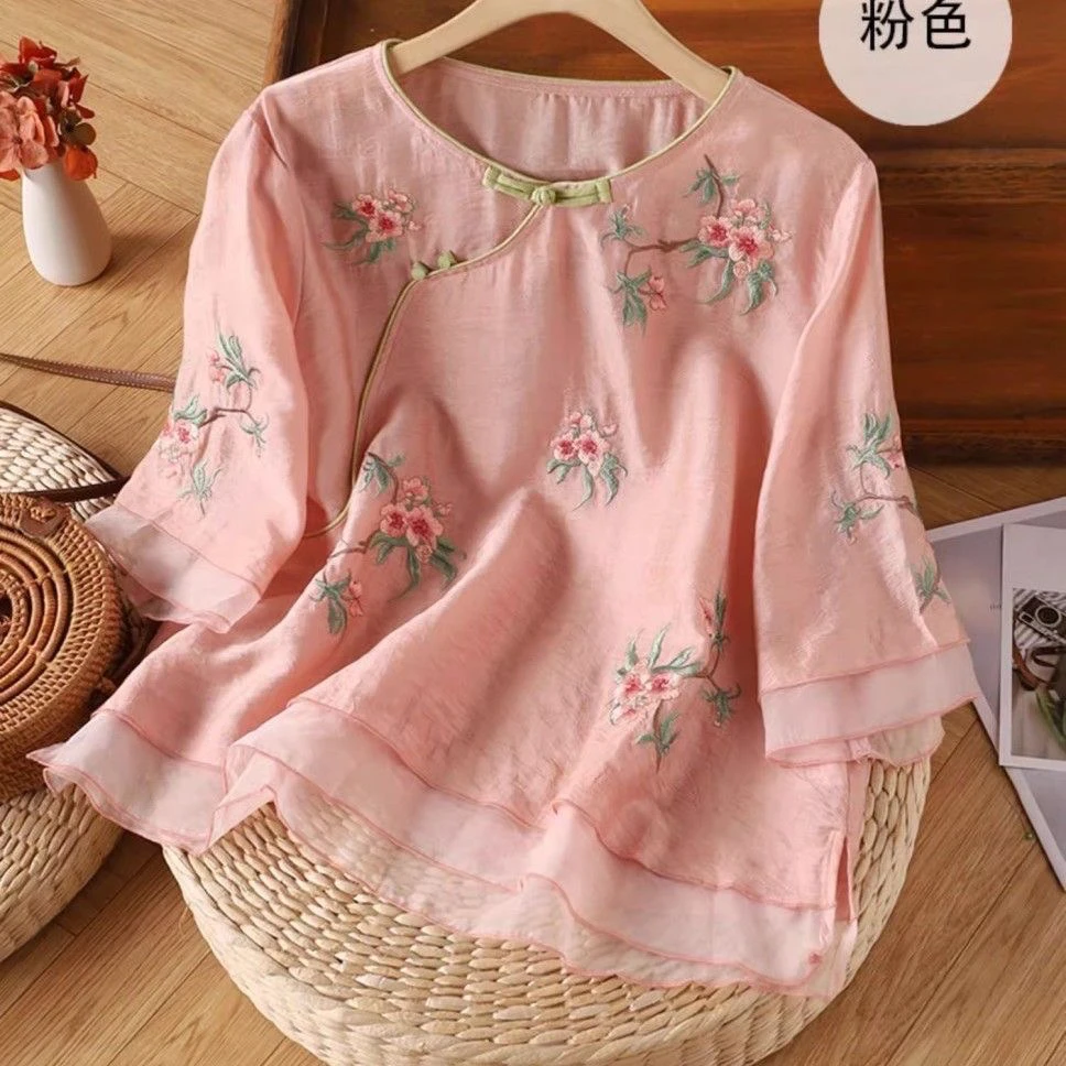 春夏秋新款宽松遮肚子文艺夏季清新复古刺绣高端气质盘扣衬衫上衣