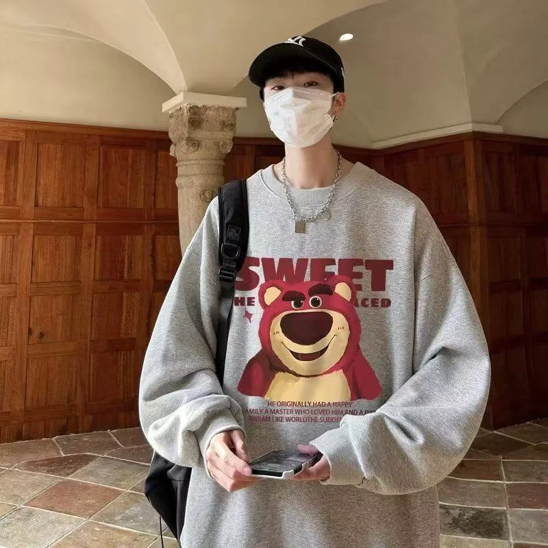 美式纯棉圆领套头卫衣宽松大码草莓熊男女印花落肩打底春秋长袖