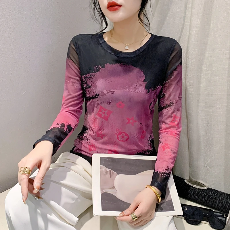 【主播推荐】2025新款春款网纱圆领晕染上衣时尚显瘦气质长袖