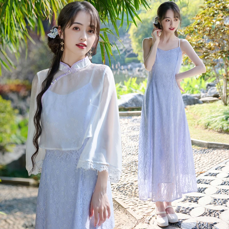 新中式国风女装国潮风高端春装套装网纱外披上衣女款吊带连衣裙子