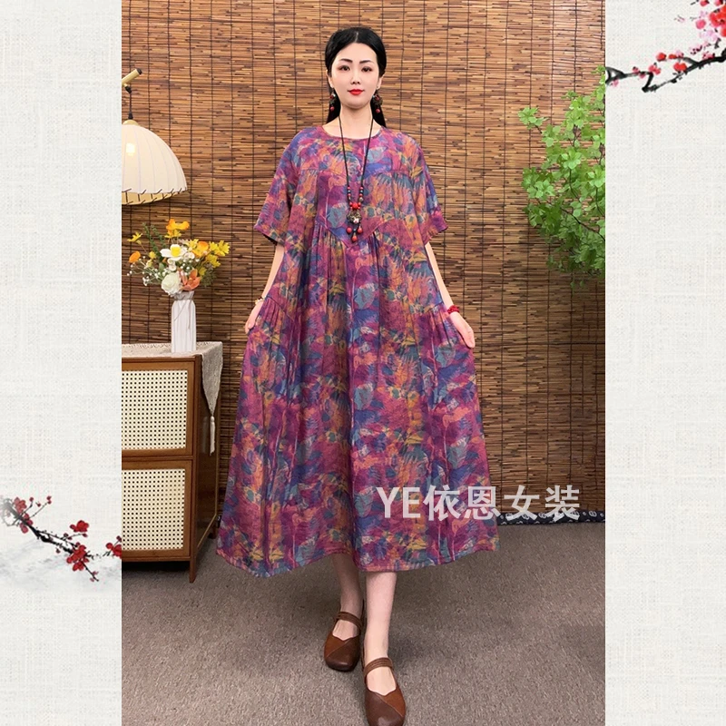 依恩夏季民族风时尚气质短袖复古国风女装中长款宽松遮肚连衣裙