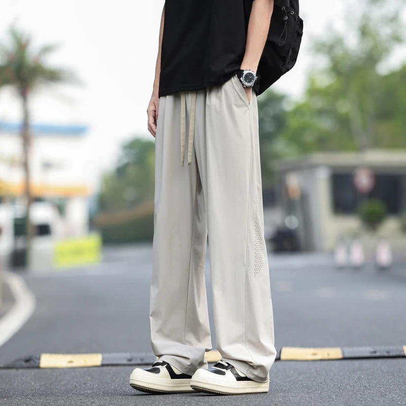 美式潮牌冰丝休闲裤男士夏季网眼透气速干直筒裤凉感运动宽松长裤