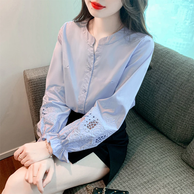 锡特帕第刺绣泡泡袖长袖T恤女装新款春秋款减龄洋气雪纺打底衫