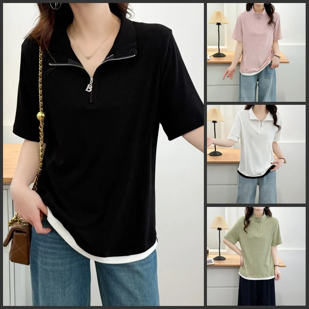 梦冬佳--110-190斤微胖大码女装夏季假两件拉链领短袖T恤衫上衣