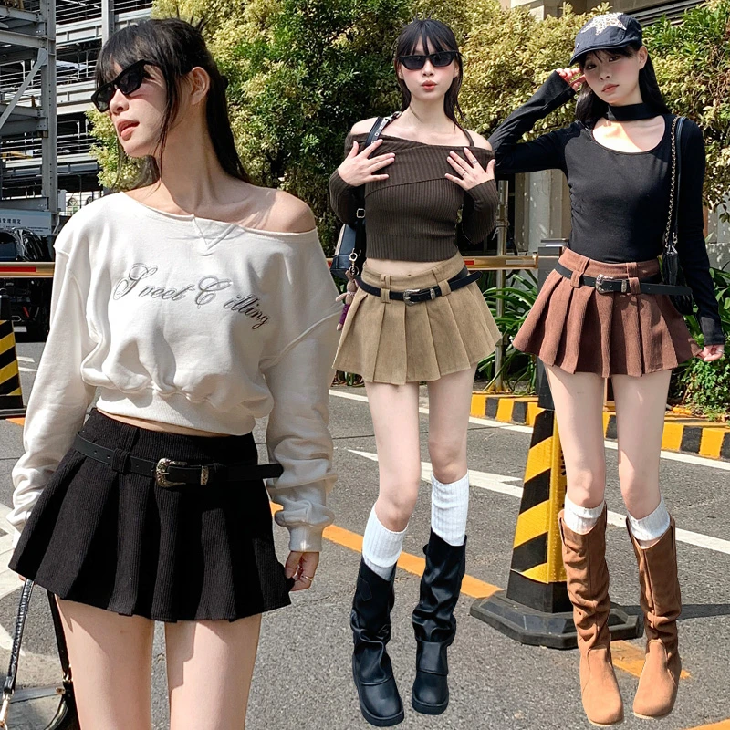 2025春秋新货新款灯芯绒半身裙女高腰显示字百褶裙裤裙辣妹春季（