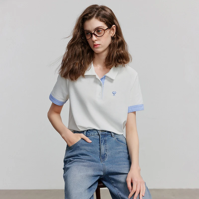 【默默专属】初语撞色条纹翻袖POLO衫珠地小衫上衣8521007