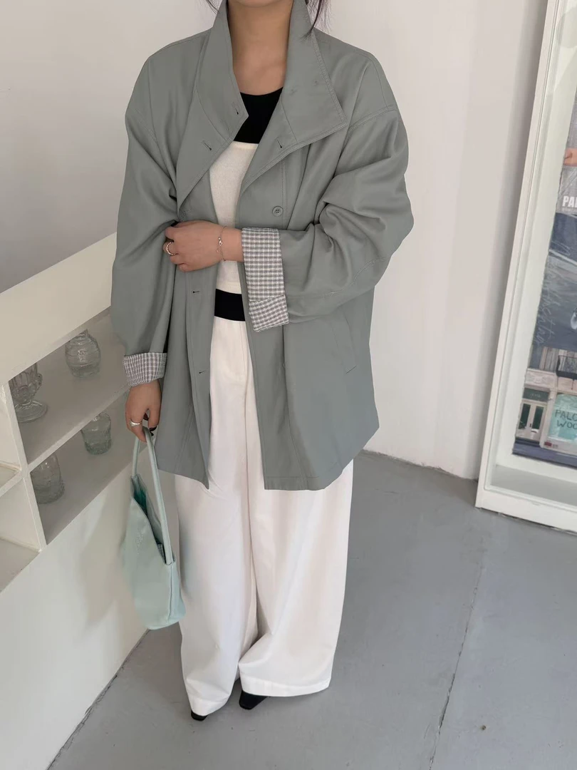 恩熙·新款韩版翻修格子中长款风衣外套93330