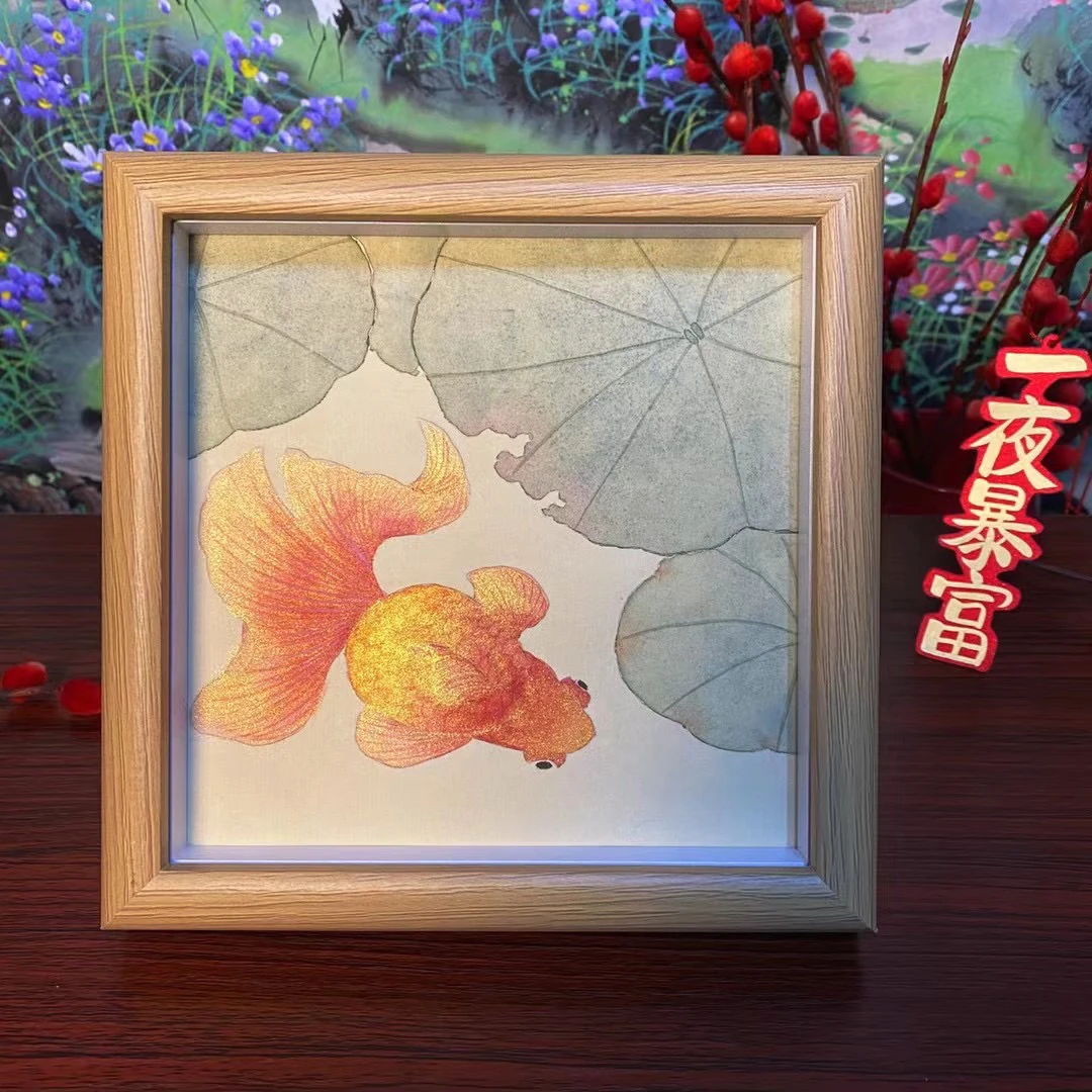 荷花金鱼装饰画摆台桌面玻璃木质相框摆件可摆可挂尺寸15x15厘米k