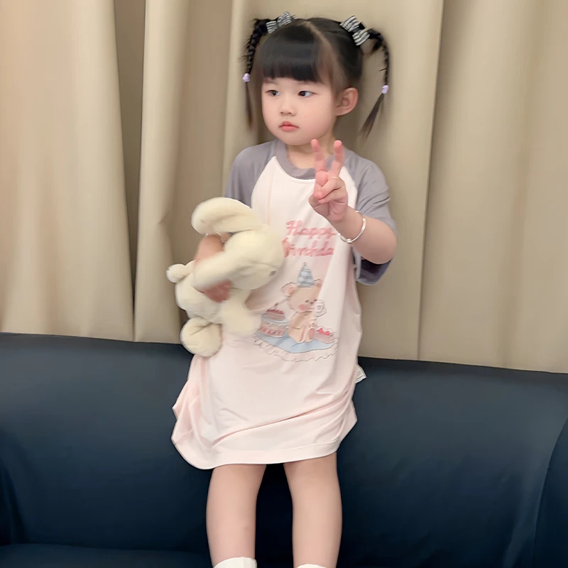 夏季儿童睡衣可爱小熊短袖睡裙中大童宝宝居家甜美夏天家居服薄款