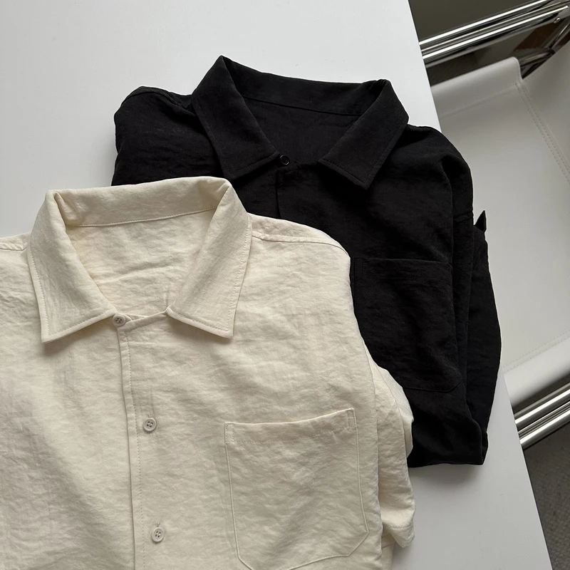 定制款 奶皮翻领短袖衬衫 慵懒宽松纸片人宽松大版衬衣 无性别款