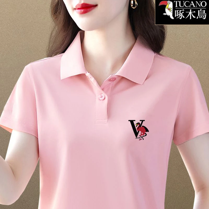 啄木鸟2025年新款印花纽扣翻领T恤女休闲小众夏季短袖设计感上衣