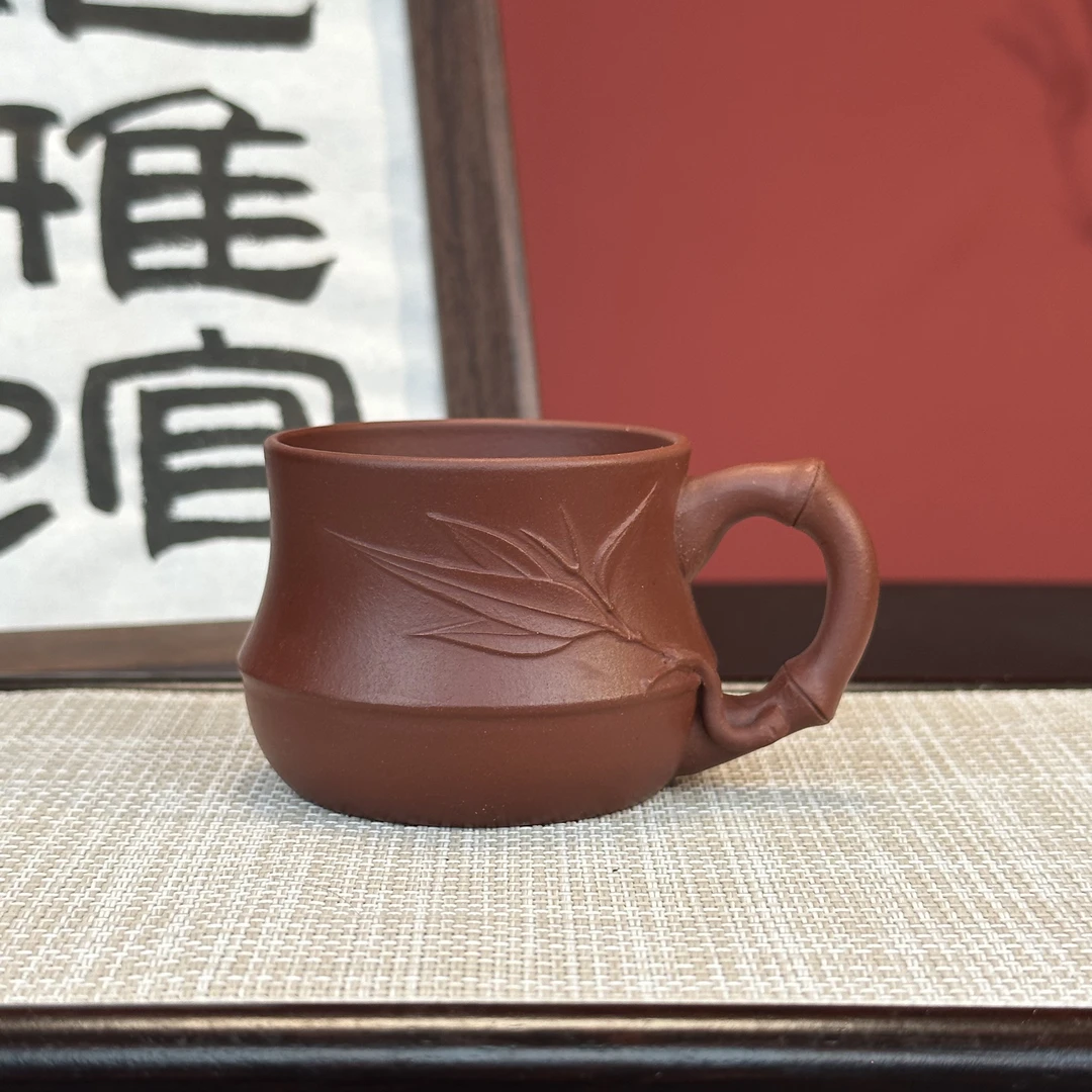 宜兴原矿紫砂龙血砂堆绘竹叶竹节带把杯精致高端主人杯防烫品茗杯