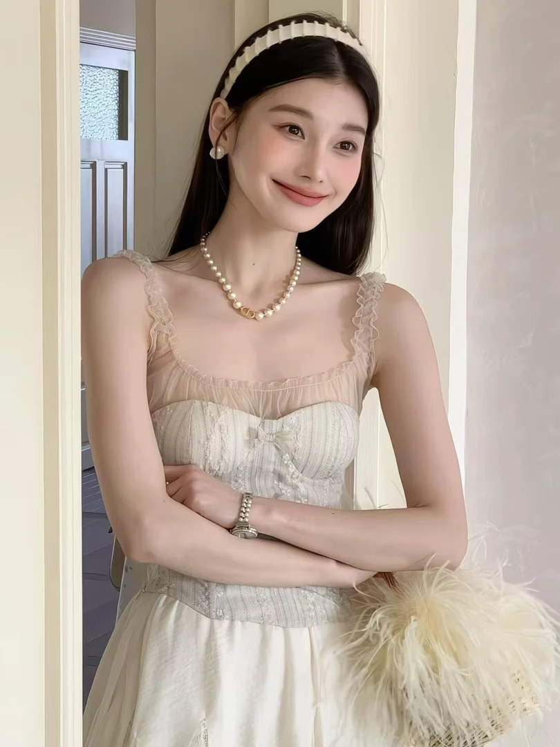 2025夏季新款小众纯欲网纱拼接蝴蝶结吊带背心配高腰半身裙两件套