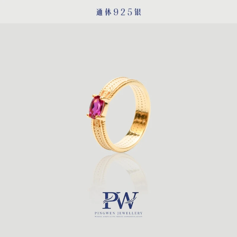 925银合成锆石戒指 PW绯红S925蕾丝红宝镶嵌法式宫廷轻奢戒指 女