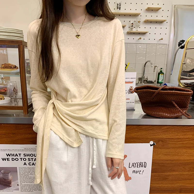 2025夏季韩系ins别致腰间系带上衣修身防晒长袖T恤女独特打底罩衫