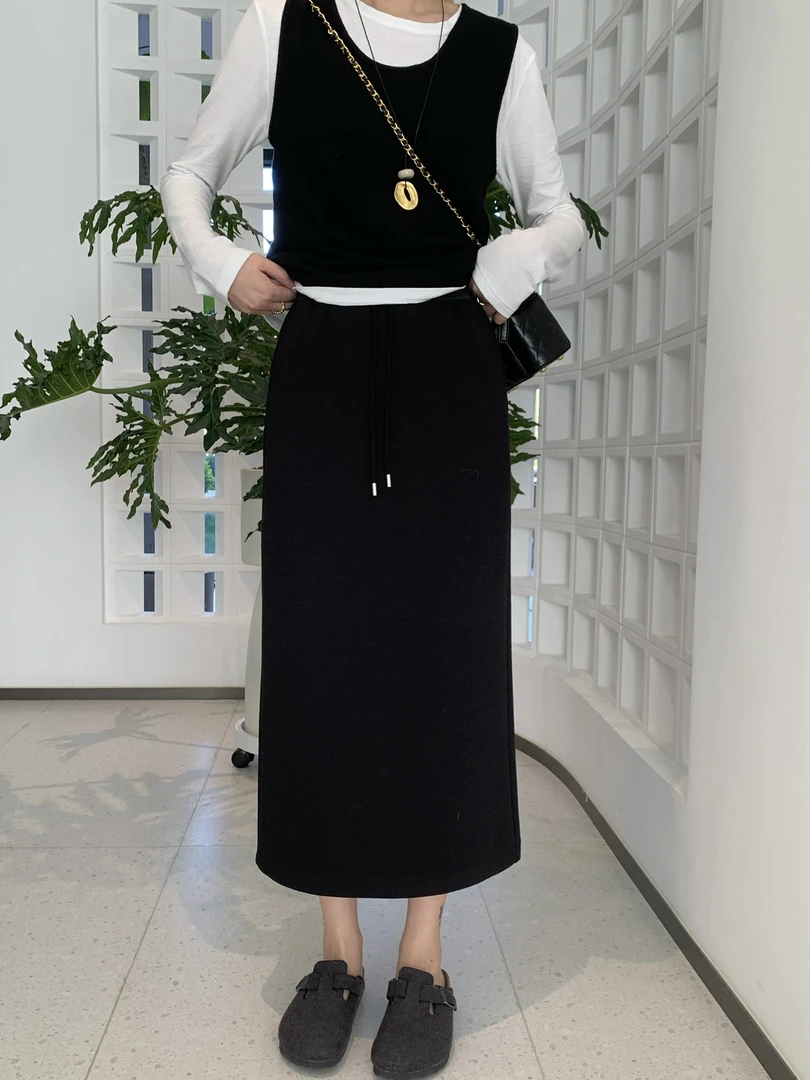 衣姐家灵动双拼雪酥裙系带高腰后开叉半身裙2025秋冬款HEN-3568