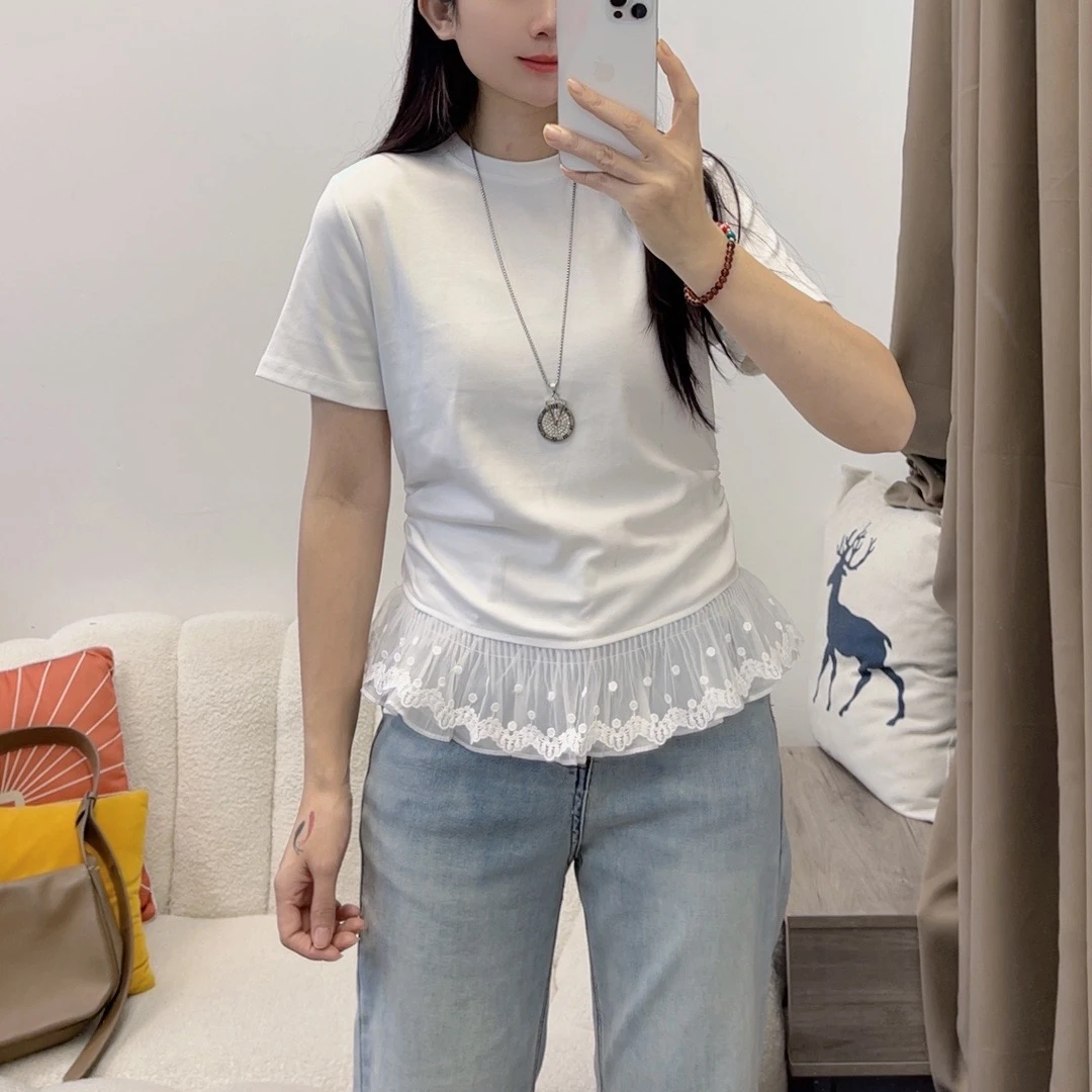 夏季百搭韩版纯色蕾丝拼接长袖打底衫假两件T恤上衣女DYY2662