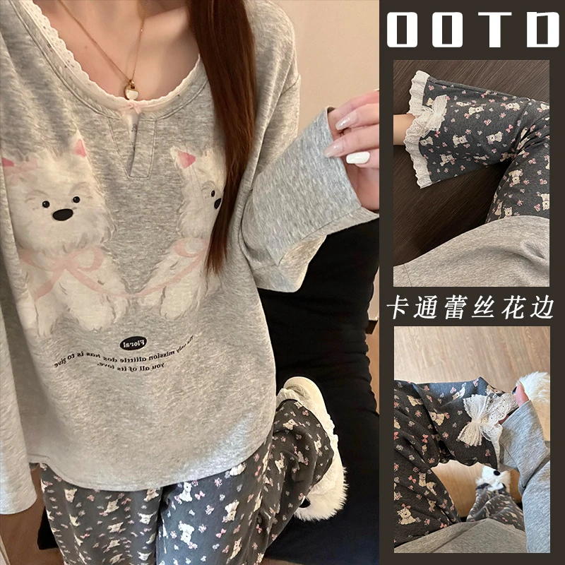 卡通蕾丝花边睡衣女秋季新款可爱甜美韩版宽松长袖长裤家居服套装