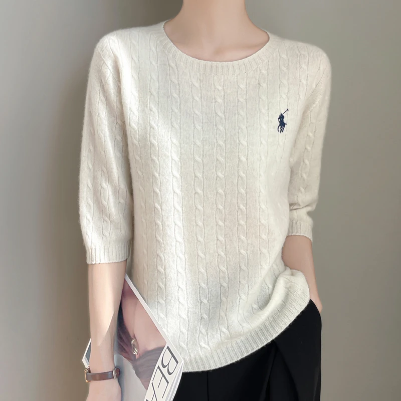 【一线成衣】T春款上新！安迪绒圆领中袖绞花刺绣毛衫贴身穿很舒服