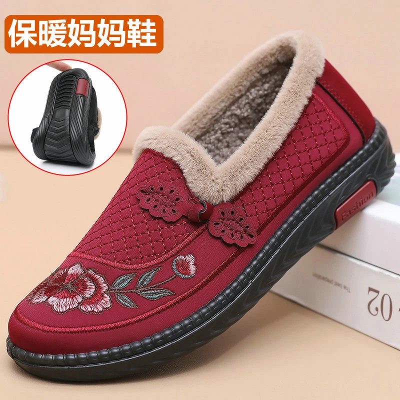 老北京布鞋女鞋冬季一脚蹬薄绒二棉妈妈鞋中老年人休闲鞋奶奶棉鞋