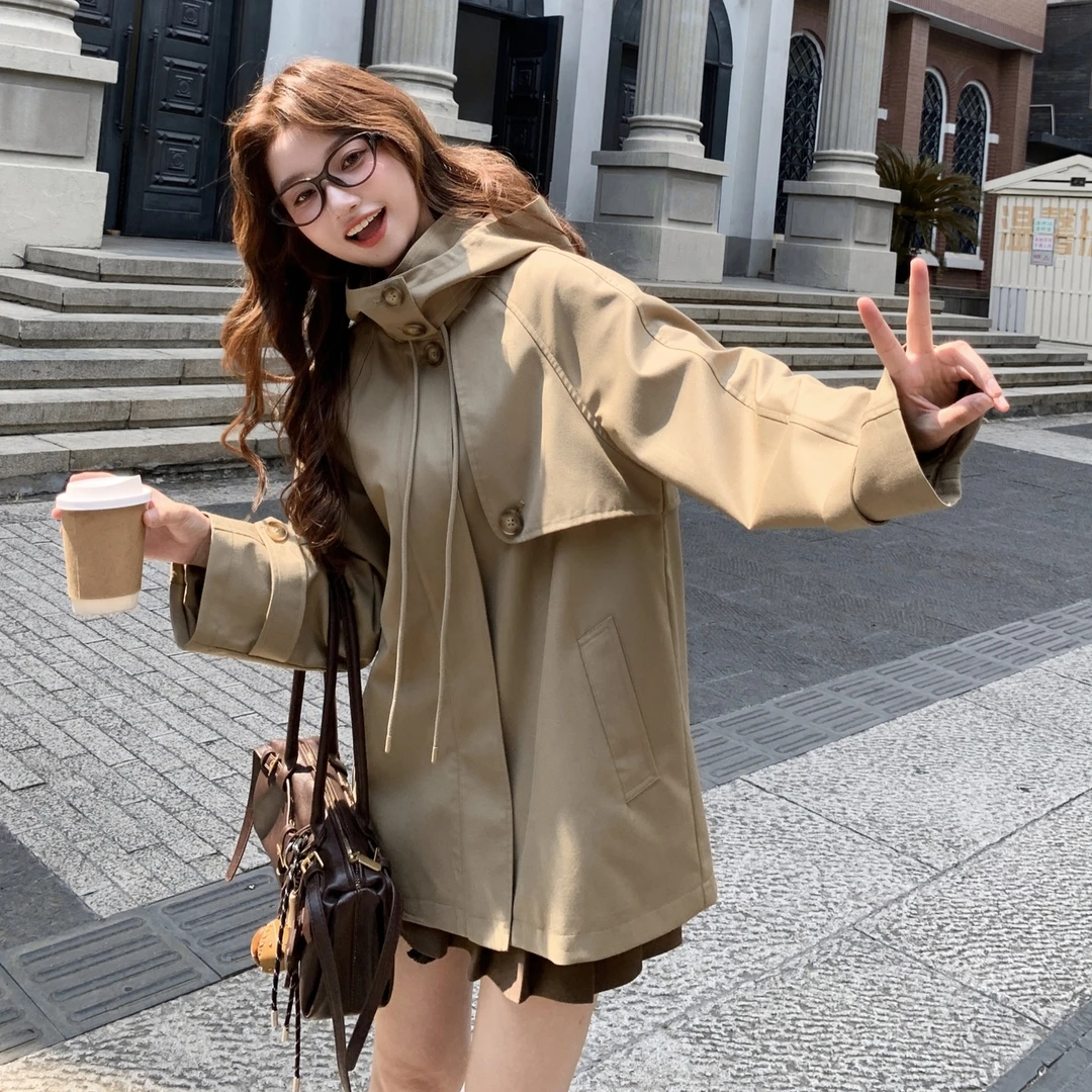 卡其色法式慵懒风风衣女秋冬气质宽松休闲感连帽韩版短款大衣外套